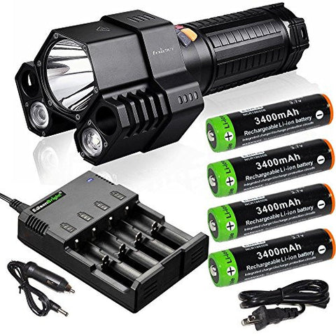 FENIX TK76 2800 Lumen Triple Beam CREE XM-L2 U2 LED Flashlight with Four Nitecore NL189 3400mAh 18650 Batteries, Nitecore i4 smart battery Charger and Red Smith & Wesson LED CaraBeamer Clip Light Package