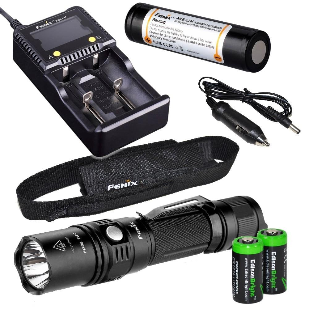 Fenix PD35 TAC 1000 Lumen CREE LED Tactical Flashlight with Genuine Fenix ARB-L2M 18650 Li-ion rechargeable battery, Fenix ARE-C1 Plus Charger and 2 X EdisonBright CR123A Lithium batteries bundle