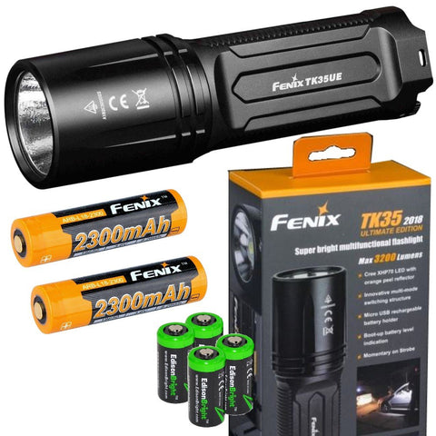 EdisonBright Fenix TK35 Ultimate 2018 Edition UE 3200 Lumen LED Tactical Flashlight with 2 X Fenix Li-ion Rechargeable Batteries, 4 X CR123A Lithium Batteries Bundle