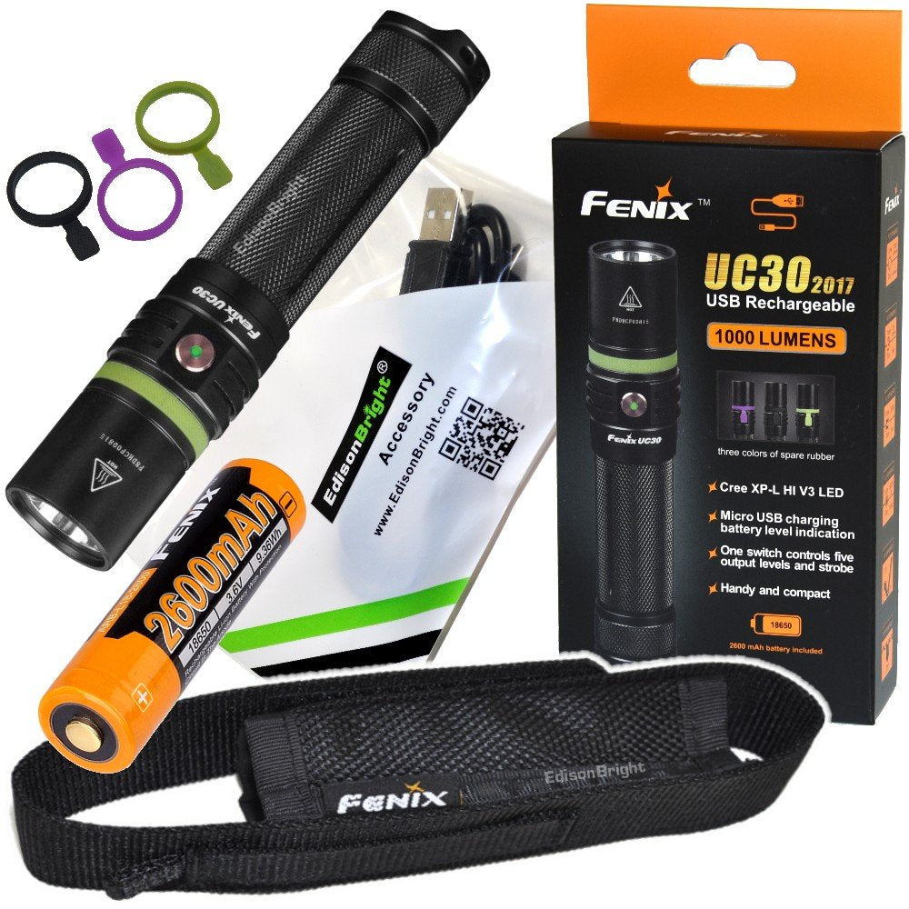 FENIX UC30 2017 version USB Rechargeable 1000 Lumen Cree LED Flashlight with, rechargeable battery, holster and EdisonBright USB charging cable bundle