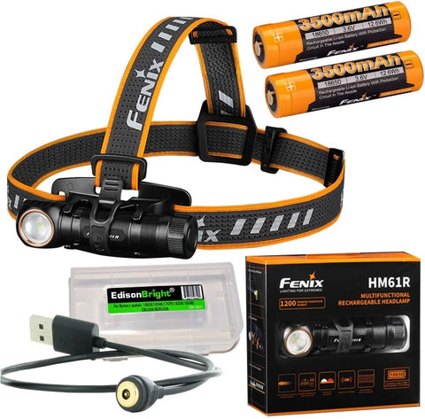 Fenix HM61R 1200 lumen LED Headlamp, magnetic charging cable, 2 X batteries with EdisonBright battery carry case bundle