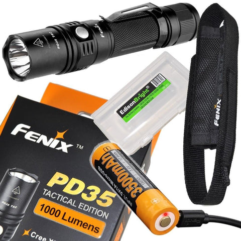 Fenix Bundle PD35 TAC 1000 Lumen 2018 CREE LED Tactical Flashlight USB Rechargeable 18650 ARB-L18-3500U Li-ion Battery and EdisonBright BBX3 Battery case