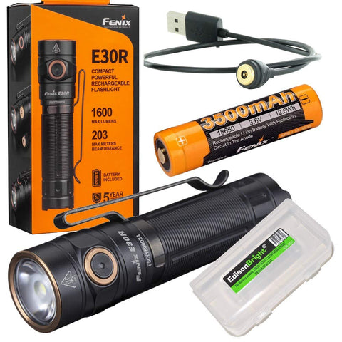 Fenix E30R 1600 Lumen USB rechargeable CREE LED EDC Flashlight with EdisonBright battery carry case bundle