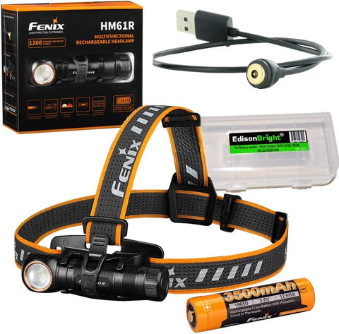 Fenix HM61R 1200 lumen magnetically rechargeable LED Headlamp, high capacity battery with EdisonBright battery carry case bundle