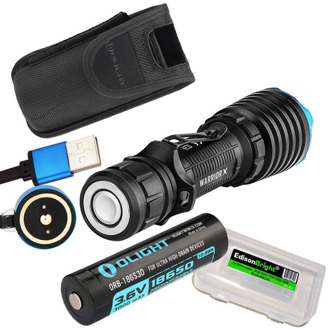 OLIGHT Warrior X USB Rechargeable 2000 Lumen CREE LED Tactical Flashlight, Rechargeable Battery, Magnetic Charging Cable with EdisonBright Cable Carry case Bundle