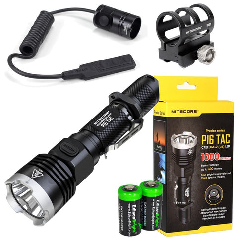 EdisonBright Nitecore P16 TAC 1000 Lumen CREE LED tactical flashlight, 18650 USB rechargeable Li-ion battery, Holster, RSW1 Pressure Switch and GM02 Weapon Mount with 2X CR123A batteries bundle