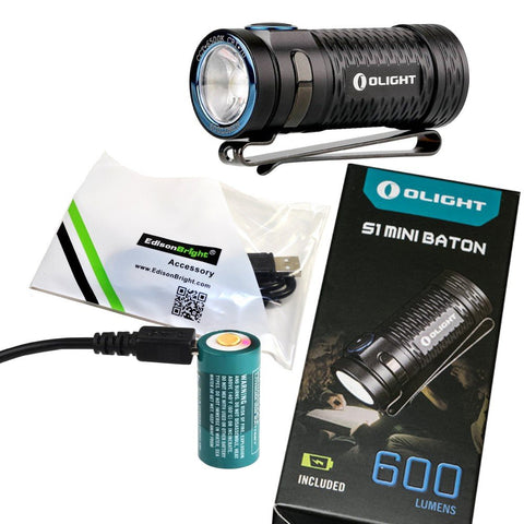 Olight S1 Mini Ultra Compact 600 Lumens Rechargeable LED Flashlight with EdisonBright USB charging cable