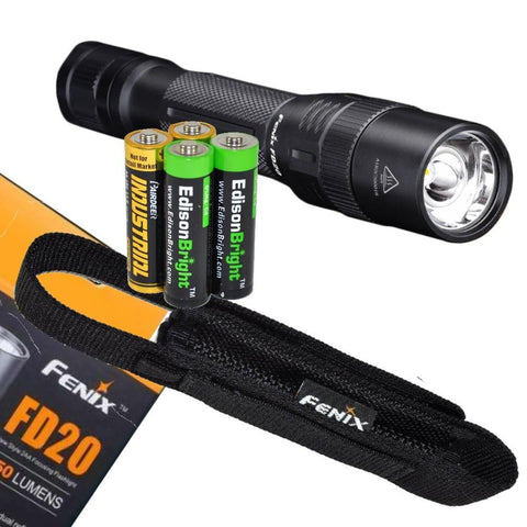 EdisonBright Fenix FD20 350 Lumen CREE LED adjustable focus (zoom-able) tactical Flashlight with holster, lanyard, clip and Two AA Alkaline batteries