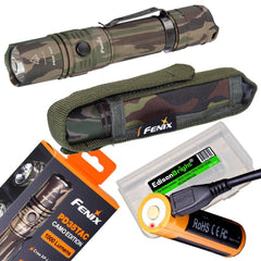 EdisonBright Fenix PD35 TAC 1000 Lumen Camouflage version CREE LED Tactical Flashlight (Camo) with Fenix USB rechargeable 18650 ARB-L18-2600U Li-ion battery and BBX3 battery case