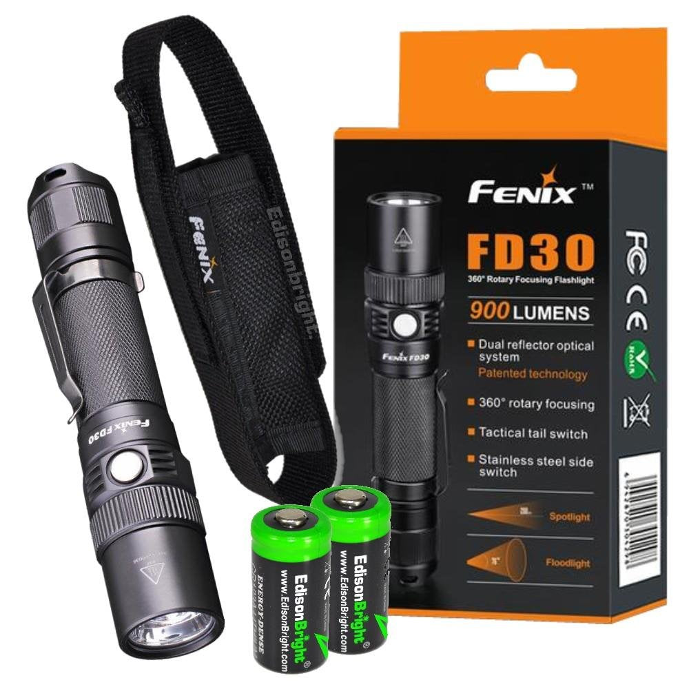 Fenix FD30 900 Lumen CREE XP-L HI zoomable LED Tactical Flashlight with Two EdisonBright CR123A Lithium Batteries