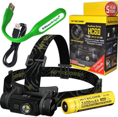 Nitecore HC60 1000 Lumens CREE XM-L2 U2 LED dual-form compact headlamp bundled with NL189 rechargeable Li-ion battery and EdisonBright USB powered LED reading light