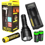 NITECORE P30 1000 Lumen long beam 676 Yard LED Flashlight with Nitecore UM10 USB charger, NL183 rechargeable 18650 Battery and 2 X EdisonBright CR123A Lithium Batteries Bundle