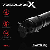 NEBO Redline-X Rechargeable Waterproof Flashlight: 1800 lumen, 4x zoom, Switch-X technology; patented paddle switching mechanism to operate the power mode and instant activation for TURBO and Strobe