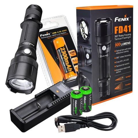 Fenix FD41 zoomable CREE LED 900 Lumen tactical Flashlight with Fenix 18650 Li-ion rechargeable battery, Fenix ARE-X1+ Charger and 2 X EdisonBright CR123A Lithium batteries package