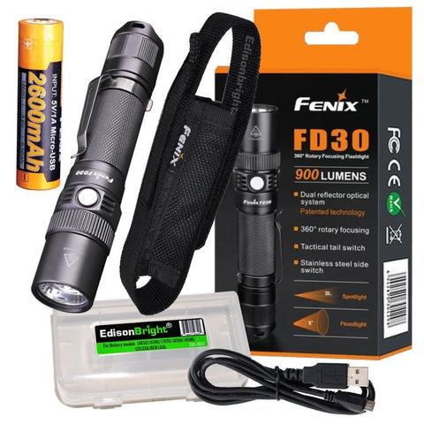 Fenix FD30 900 Lumen LED USB Rechargeable Tactical Flashlight kit with EdisonBright BBX3 Battery Carry case