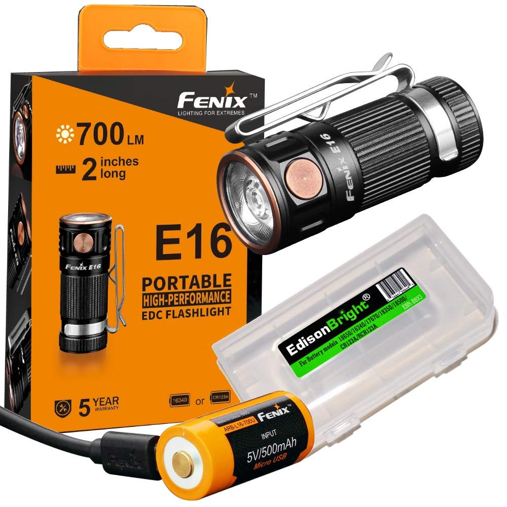 Fenix E16 700 Lumen CREE LED EDC/keychain Flashlight, Fenix ARB-L16-700U USB rechargeable battery and EdisonBright battery carry case bundle