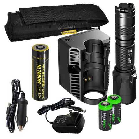 EdisonBright Nitecore R25 800 Lumen CREE LED 321m Beam Rechargeable Flashlight, Smart Charging Dock, Nitecore Rechargeable 18650 D Battery, Holster with 2 X CR123A Lithium Batteries Bundle