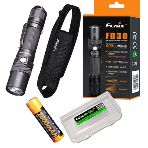 Fenix FD30 900 Lumen CREE XP-L HI zoomable LED Tactical Flashlight USB Rechargeable 18650 Li-ion Battery and EdisonBright BBX3 Battery case