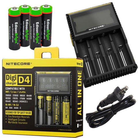 Nitecore D4 smart battery Charger with LCD display For Li-ion, IMR, LiFePO4 26650 22650 18650 17670 18490 17500 18350 16340 RCR123 14500 10440 Ni-MH And Ni-Cd AA AAA AAAA C Rechargeable Batteries with 4 x EdisonBright Ni-MH rechargeable AA batteries