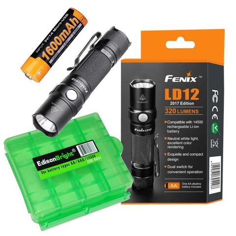 Fenix LD12 320 Lumen LED USB rechargeable Tactical Flashlight kit with EdisonBright AA battery carry case