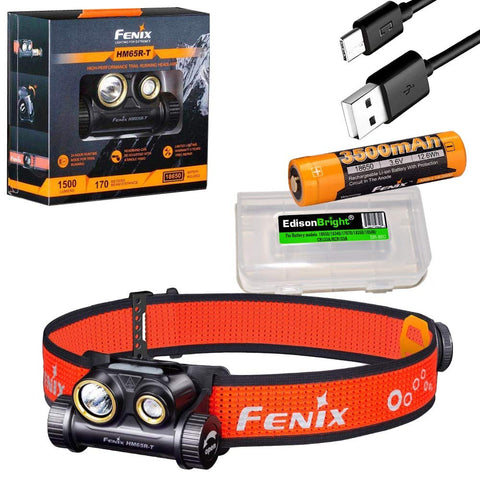 Fenix HM65R-T 1500 lumen spot/flood Light USB-C rechargeable lightweight headlamp, for jogging/camping with EdisonBright battery carring case