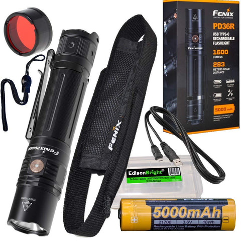 Fenix PD36R 1600 Lumen rechargeable CREE LED tactical Flashlight, red filter with EdisonBright charging cable carry case bundle