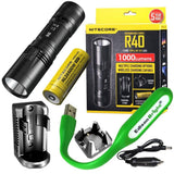 Nitecore R40 1000 lumen CREE LED 520m beam rechargeable flashlight, 2 X charging docks, Nitecore rechargeable 18650 D battery with EdisonBright USB powered reading light