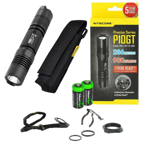 Nitecore P10GT 900 Lumen high intensity CREE LED 312 Yards specialized tactical duty Strobe Ready compact flashlight with 2X EdisonBright CR123A Lithium Batteries