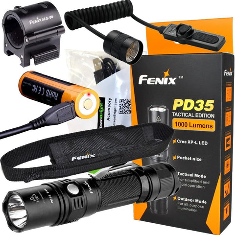 Fenix PD35 TAC 1000 Lumen CREE LED Tactical Flashlight with USB Rechargeable, Weapon Mount kit with EdisonBright USB Charging Cable Bundle