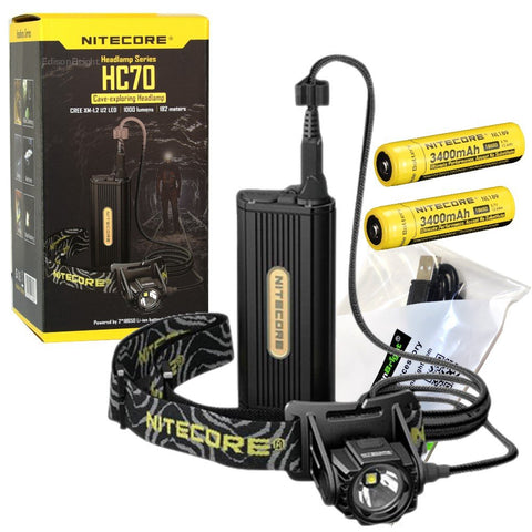 NITECORE HC70 1000 Lumen CREE LED Headlamp with detached Battery Case, 2 X 3400mAh batteries with EdisonBright USB Charging Cable