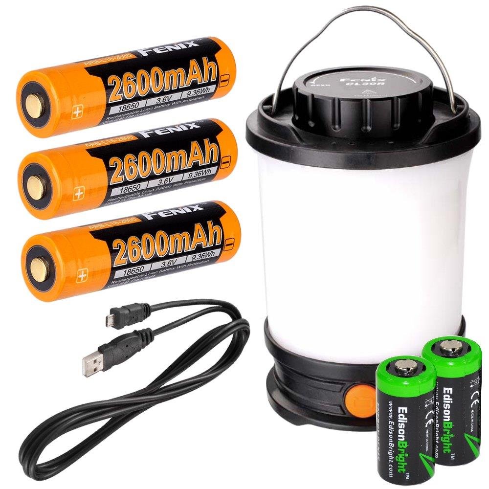 Fenix CL30R 650 lumen USB rechargeable camping lantern / work light (Black  body) , 3 X 18650 rechargeable batteries with Two back-up use EdisonBright