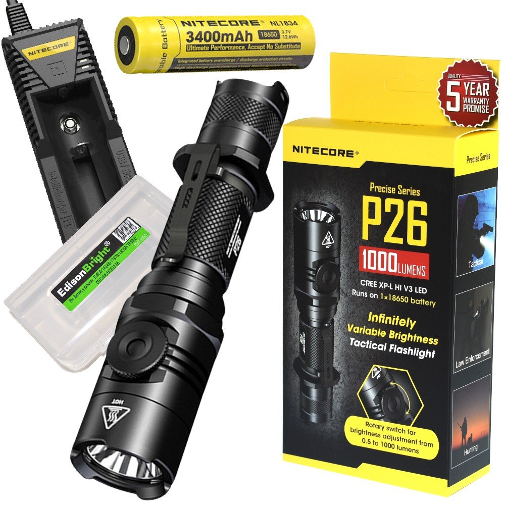 EdisonBright NITECORE P26 1000 Lumens CREE LED variable brightness rotary control tactical flashlight rechargeable battery bundle with battery carry case