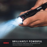 NEBO Redline-X Rechargeable Waterproof Flashlight: 1800 lumen, 4x zoom, Switch-X technology; patented paddle switching mechanism to operate the power mode and instant activation for TURBO and Strobe