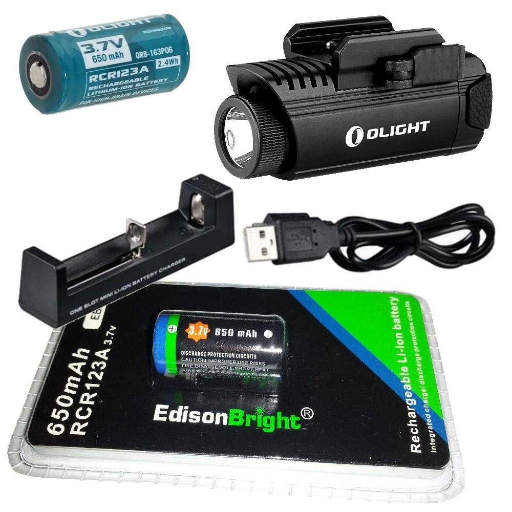 EdisonBright Olight PL1-II Valkyrie 450 lumen LED dedicated pistol light with Olight RCR123A lithium-ion battery, RCR123 battery and charger bundle