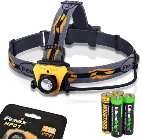 Fenix HP01 210 Lumen CREE XP-G (R5) LED Headlamp (Orange) with four AA Alkaline batteries including two EdisonBright AA alkaline batteries