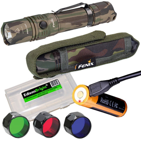 EdisonBright Fenix PD35 TAC CAMO 1000 Lumen CREE LED tactical flashlight, USB rechargeable battery, holster, RED, GREEN, Blue filters battery case bundle for hunting