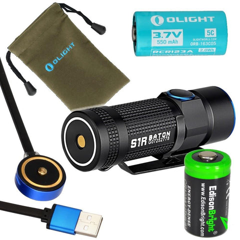 Olight S1R Turbo S rechargeable 900 Lumens CREE XP-L LED Flashlight EDC with RCR123 Li-ion battery, flex magnetic USB charging cable and EdisonBright CR123A Lithium back-up Battery bundle