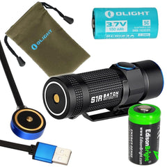 Olight S1R Turbo S rechargeable 900 Lumens CREE XP-L LED Flashlight EDC with RCR123 Li-ion battery, flex magnetic USB charging cable and EdisonBright CR123A Lithium back-up Battery bundle