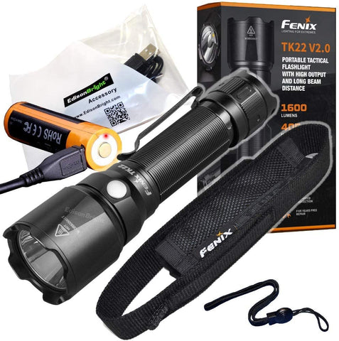 Fenix TK22 V2 1600 Lumen high powered long throw LED flashlight, rechargeable battery with EdisonBright USB charging cable bundle