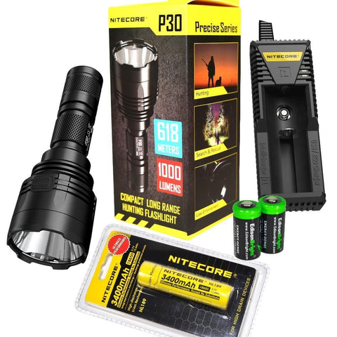 EdisonBright Bundle: NITECORE P30 350 yards long throw 1000 Lumen CREE LED flashlight with Nitecore NL189 3400mAh rechargeable 18650 Battery, i1 charger and 2 X CR123A Lithium Batteries