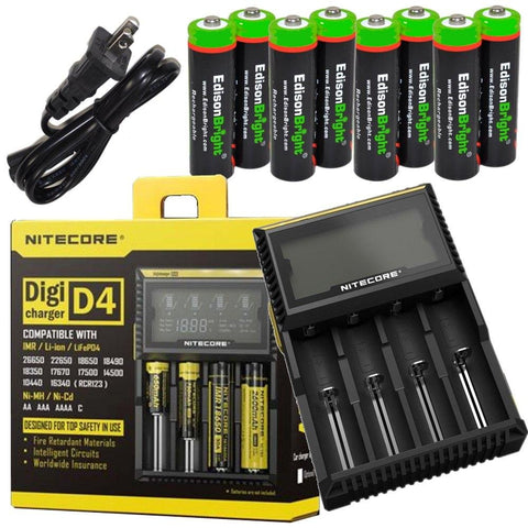Nitecore D4 4 Slot Smart Battery Charger for Li-ion, IMR, LiFePO4 26650 18650 18350 16340 RCR123 14500 Ni-MH Ni-Cd AA AAA AAAA C Batteries w/ 8 x EdisonBright Ni-MH Rechargeable AA Batteries Bundle