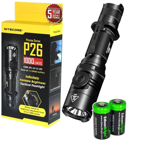 EdisonBright NITECORE P26 1000 Lumens CREE LED variable brightness rotary control tactical flashlight rechargeable battery bundle with battery carry case