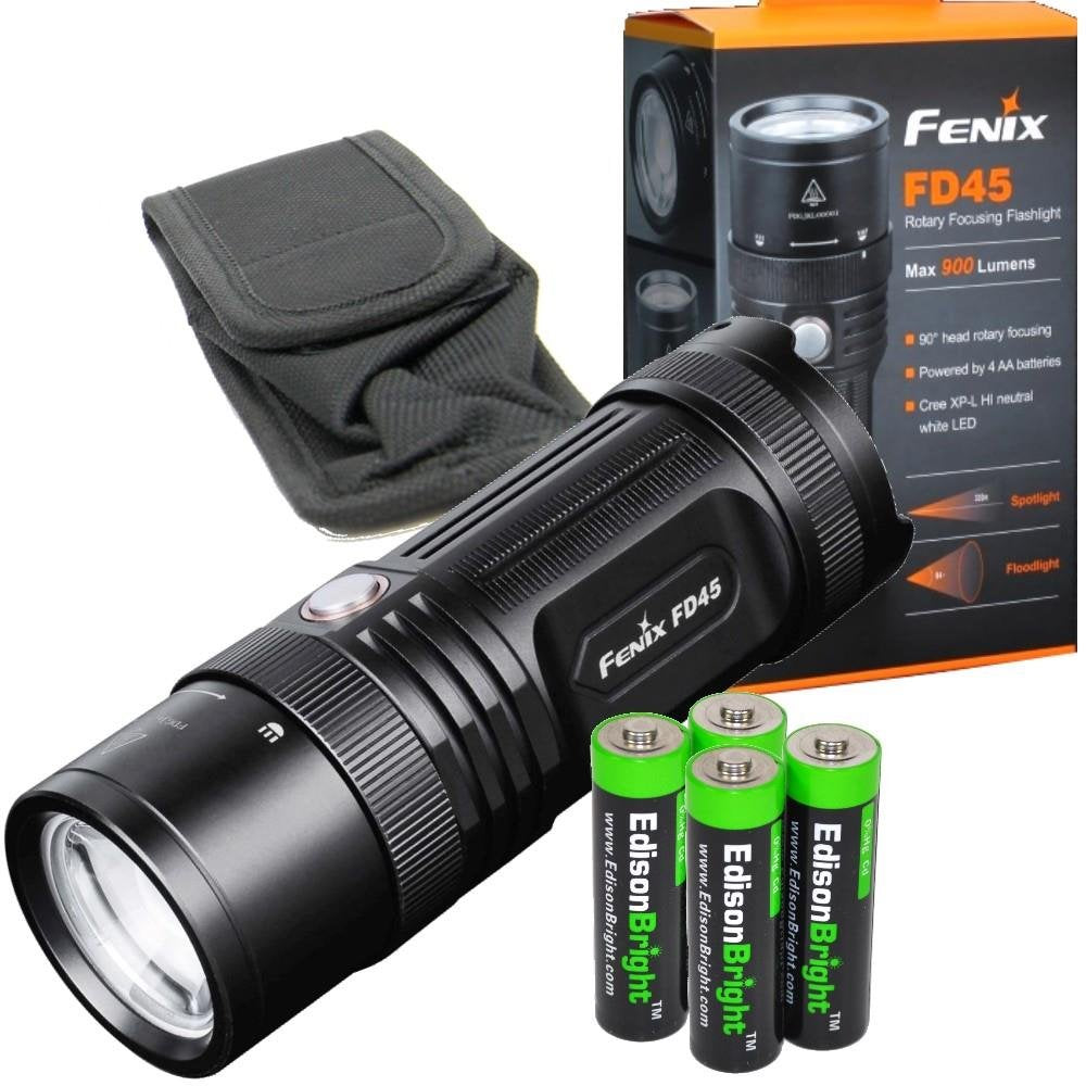 Fenix FD45 900 Lumen LED Flashlight with 4 X EdisonBright AA Alkaline Batteries bundle