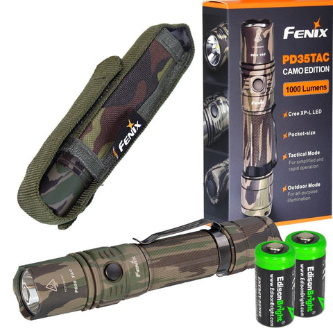 Fenix PD35 TAC (Camo) 1000 Lumen CREE XP-L LED Tactical Flashlight with Two EdisonBright CR123A Lithium Batteries