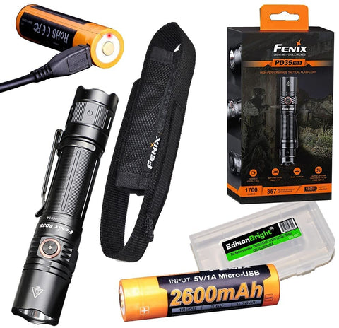 Fenix PD35 V3 1700 Lumen LED Tactical Flashlight, 2 X Fenix ARB-L18-2600U USB Rechargeable Batteries and Holster with EdisonBright Battery Carrying case
