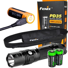 EdisonBright Fenix PD35 TAC 1000 Lumen 2018 CREE LED Tactical Flashlight, Fenix ARB-L18-2600U Li-ion USB Rechargeable Battery and Holster with Two CR123A Lithium Batteries