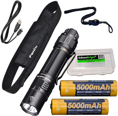 Fenix PD36 TAC 3000 Lumen LED Tactical Flashlight, 2 X 5000mAh Batteries and Holster with EdisonBright Battery Carrying case