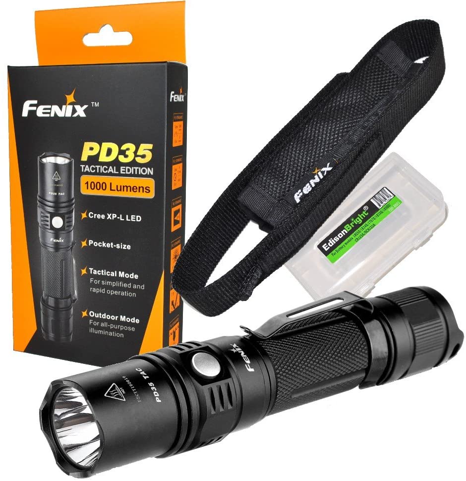 EdisonBright Fenix PD35 TAC 1000 Lumen CREE XP-L LED Tactical Flashlight with BBX3 Battery Carry case Bundle