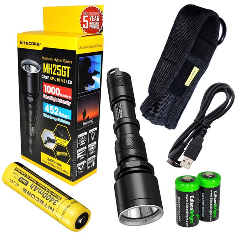 Nitecore MH25GT CREE LED 1000 Lumen USB Rechargeable Flashlight, 18650 rechargeable Li-ion battery, USB charging cable and Holster with 2 X EdisonBright CR123A lithium Batteries