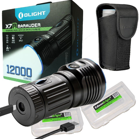 Olight X7R Marauder USB TYPE-C rechargeable 12,000 Lumen LED flashlight/searchlight, 4 X 18650 rechargeable Olight batteries and 2 X EdisonBright brand battery cases bundle